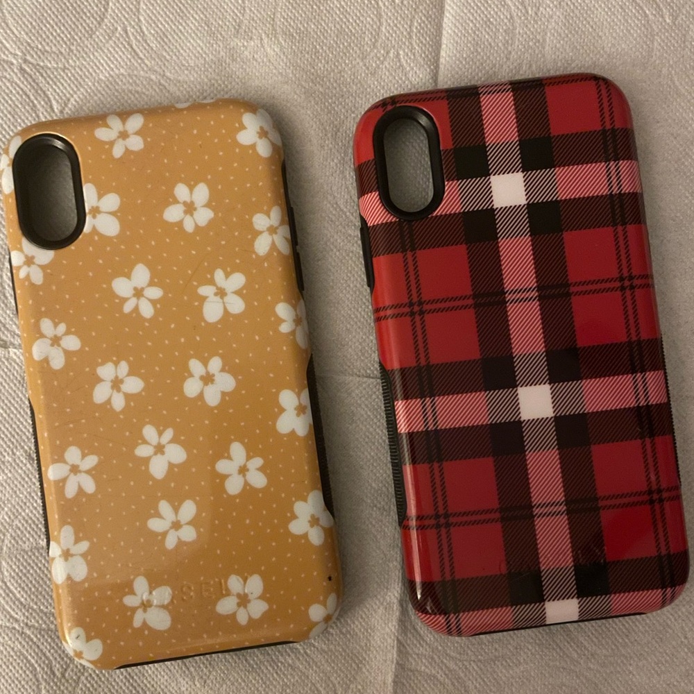 Casely iPhone XR phone cases.  Buffalo plaid and yellow with white flowers.